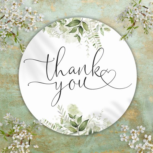 Greenery Floral Heart Script Thank You Classic Round Sticker