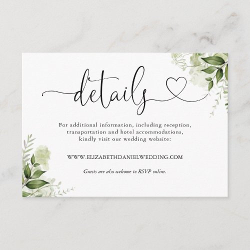 Greenery Floral Heart Script Wedding Details Enclosure Card