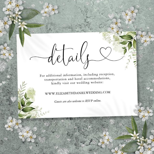 Greenery Floral Heart Script Wedding Details Enclosure Card (Greenery Floral Heart Script Wedding Details Enclosure Card)