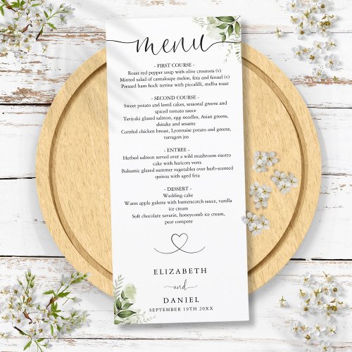 Greenery Floral Heart Script Wedding Dinner Menu