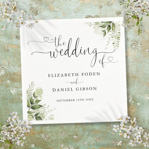 Greenery Floral Heart Script Wedding Napkins