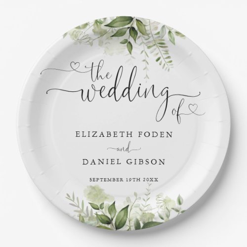 Greenery Floral Heart Script Wedding Paper Plates