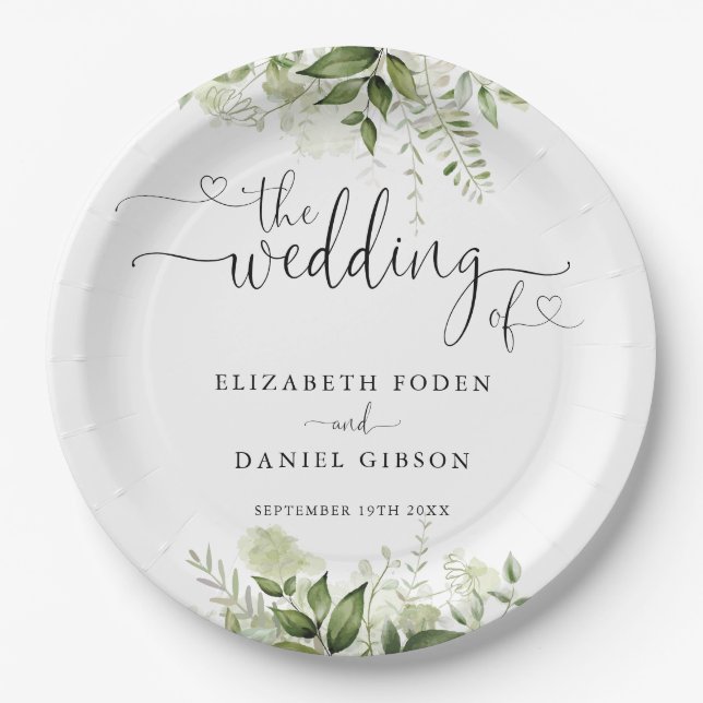 Greenery Floral Heart Script Wedding Paper Plates (Front)