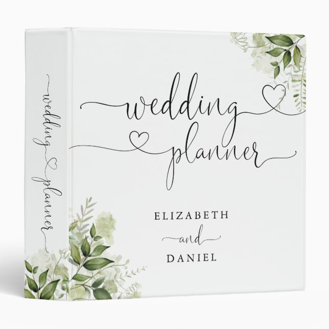 Greenery Floral Heart Script Wedding Planner 3 Ring Binder (Front/Spine)