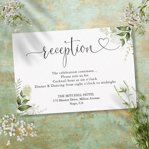 Greenery Floral Heart Script Wedding Reception Enclosure Card