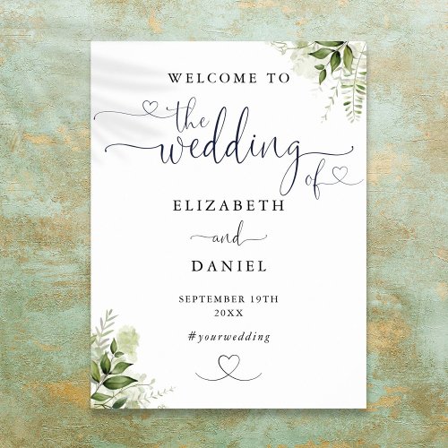 Greenery Floral Heart Script Wedding Welcome Sign