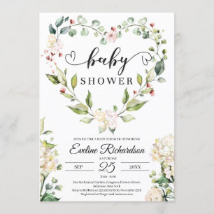 Greenery floral heart wreath white roses baby invitation