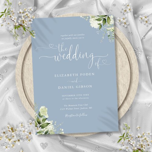 Greenery Floral Hearts Script Dusty Blue Wedding Invitation