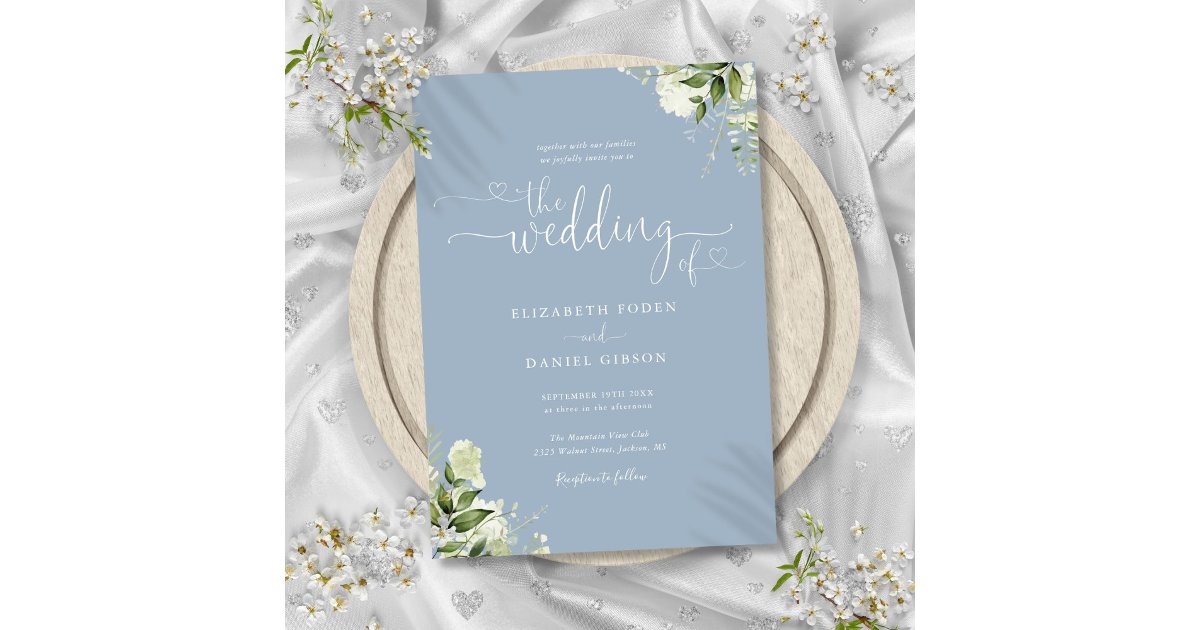 Greenery Floral Hearts Script Dusty Blue Wedding Invitation | Zazzle