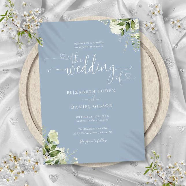 Greenery Floral Hearts Script Dusty Blue Wedding Invitation (Greenery Floral Hearts Script Dusty Blue Wedding Invitation)