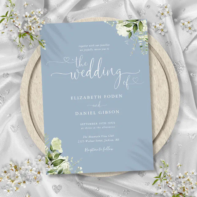 Greenery Floral Hearts Script Dusty Blue Wedding Invitation | Zazzle