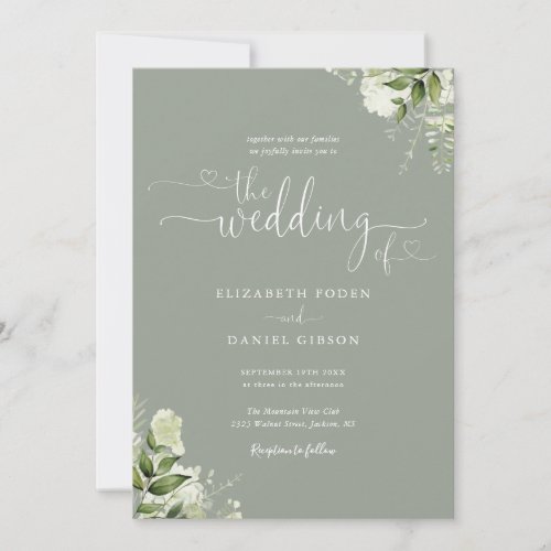 Greenery Floral Hearts Script Sage Green Wedding Invitation