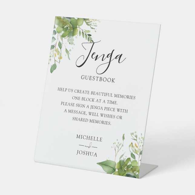 Greenery Floral Jenga Wedding Guestbook Pedestal Sign (Front)