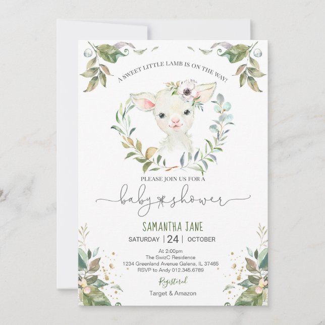Greenery Floral Lamb Baby Shower Invitation (Front)
