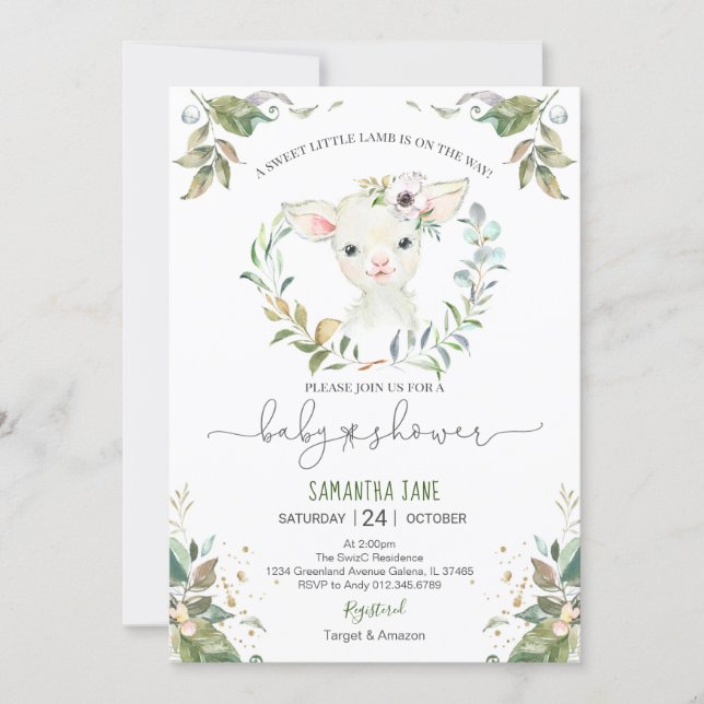 Greenery Floral Lamb Baby Shower Invitation (Front)