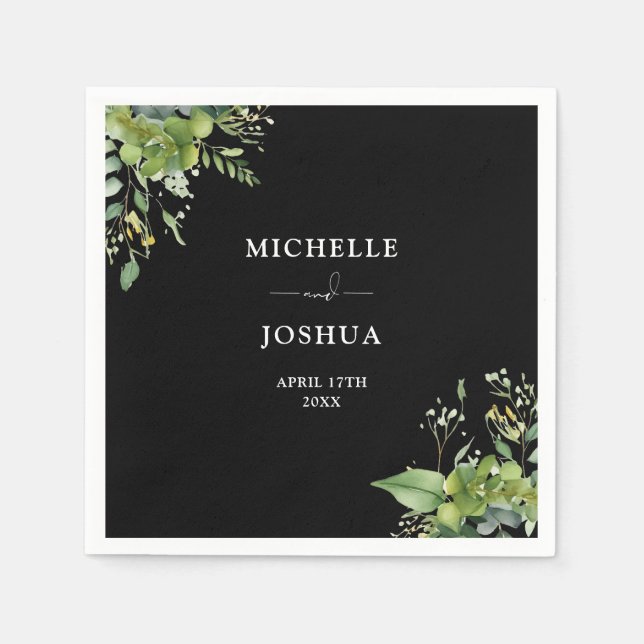 Greenery Floral Modern Black And White Wedding Napkins (Front)
