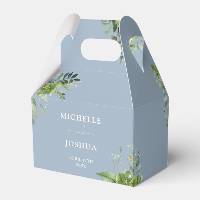 Greenery Floral Modern Dusty Blue Wedding Favor Boxes (Back Side)