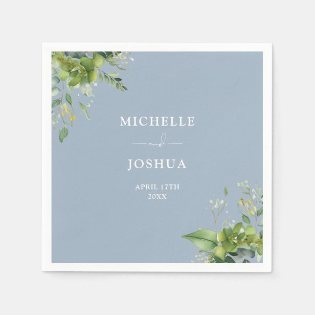 Greenery Floral Modern Dusty Blue Wedding Napkins (Front)