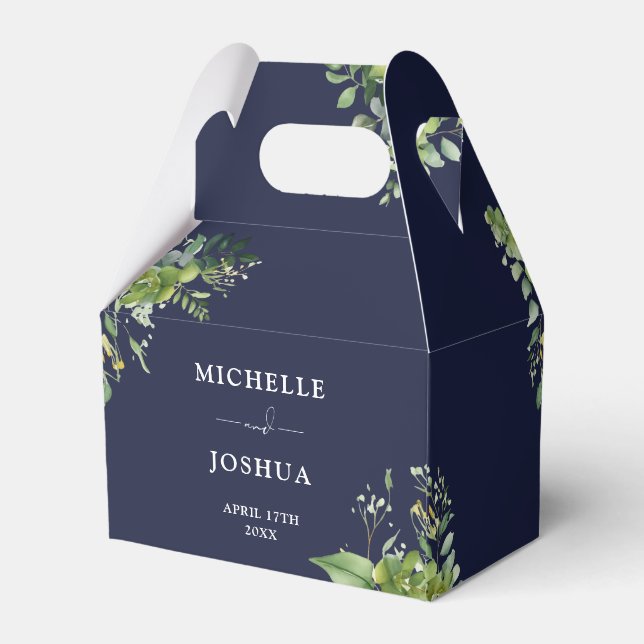 Greenery Floral Modern Navy Blue Wedding Favor Boxes (Back Side)