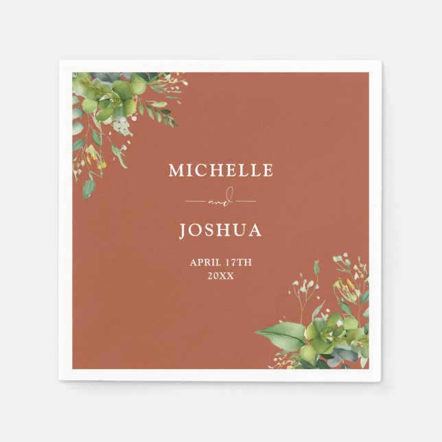 Greenery Floral Modern Terracotta Wedding Napkins (Front)