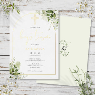 Greenery Floral Monogram Baptism Arch Gold Foil Invitation