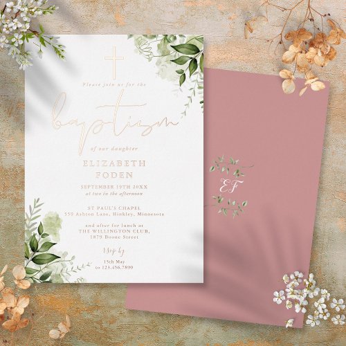 Greenery Floral Monogram Baptism Rose Gold Foil Invitation