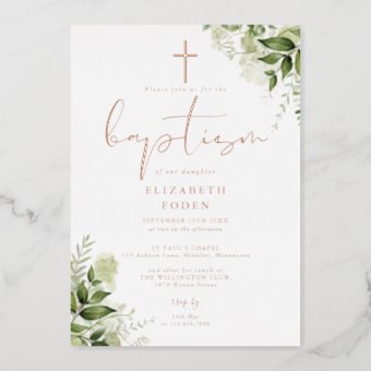 Greenery Floral Monogram Baptism Rose Gold Foil Invitation | Zazzle