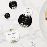 Greenery Floral Monogram Black And White Wedding Confetti<br><div class="desc">Elegant greenery floral black and white wedding table confetti personalized with signature style names,  monogram initials,  special wedding date and message. Designed by Thisisnotme©</div>