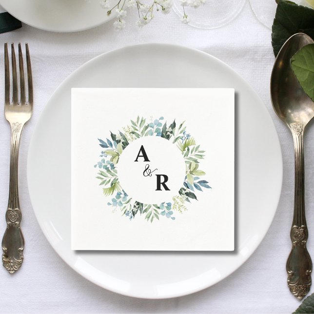 Greenery Floral Monogram Custom Wedding Cocktail Napkins (Creator Uploaded)