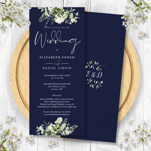 Greenery Floral Monogram Details Navy Blue Wedding Invitation