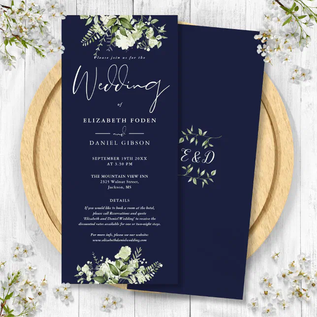 Greenery Floral Monogram Details Navy Blue Wedding Invitation | Zazzle