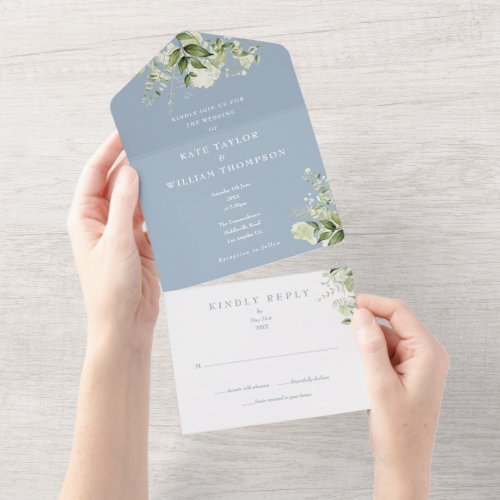 Greenery Floral Monogram Dusty Blue Wedding All In One Invitation