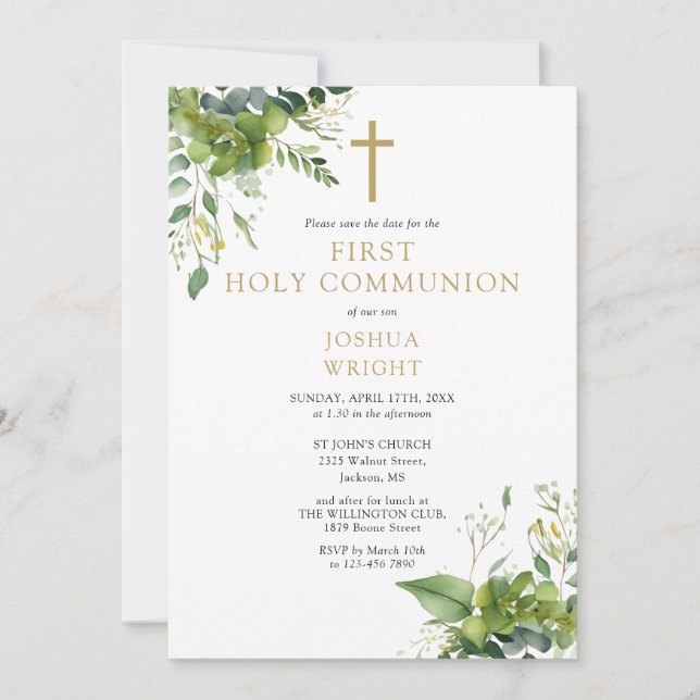 Greenery Floral Monogram First Holy Communion Save The Date (Front)