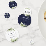 Greenery Floral Monogram Navy Blue Wedding Confetti<br><div class="desc">Elegant greenery floral navy blue wedding table confetti personalized with signature style names,  monogram initials,  special wedding date and message. Designed by Thisisnotme©</div>