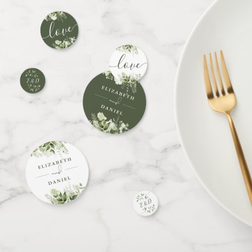 Greenery Floral Monogram Olive Green Wedding Confetti