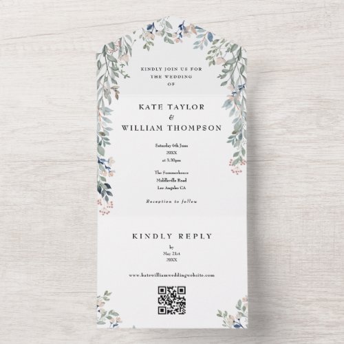 Greenery Floral Monogram QR Code Wedding All In One Invitation