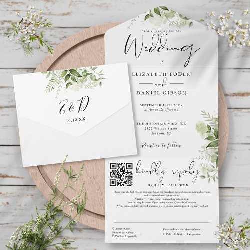Greenery Floral Monogram QR Code Wedding All In One Invitation