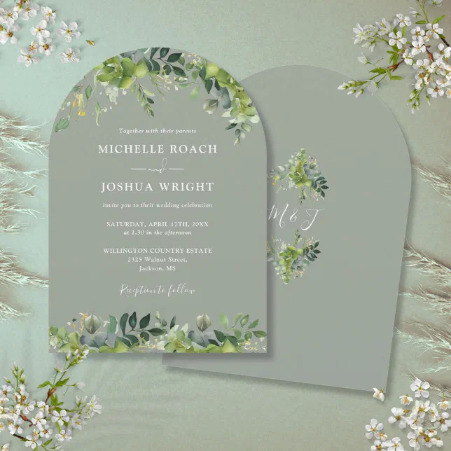 Greenery Floral Monogram Sage Green Wedding Invitation | Zazzle