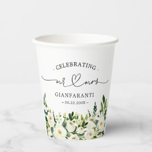 Greenery Floral Mr and Mrs Heart Script Wedding Paper Cups