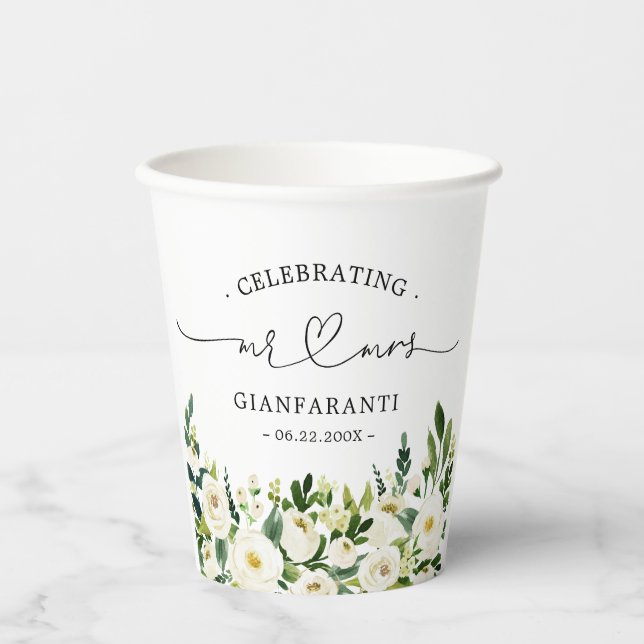 Greenery Floral Mr and Mrs Heart Script Wedding Paper Cups (Front)