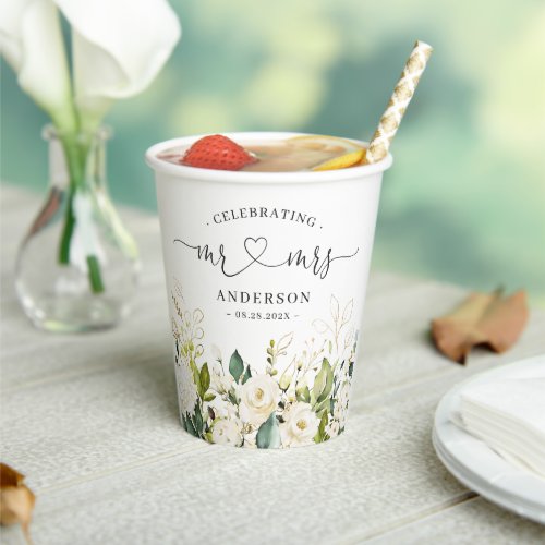 Greenery Floral Mr and Mrs Heart Script Wedding Paper Cups