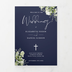 Greenery Floral Navy Blue Catholic Wedding Mass Tri-Fold Program