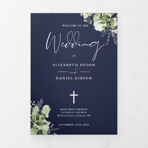 Greenery Floral Navy Blue Catholic Wedding Mass Tri-Fold Program