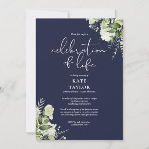 Greenery Floral Navy Blue Celebration of Life Invitation