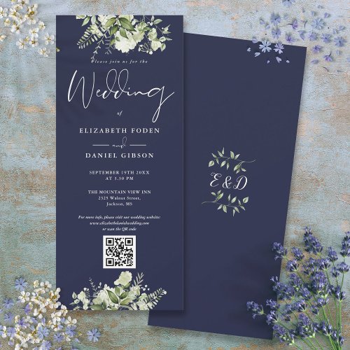 Greenery Floral Navy Blue QR Code Wedding Invitation