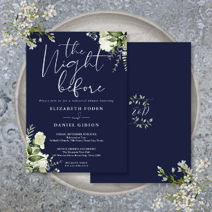 Greenery Floral Navy Blue Rehearsal Dinner Invitation