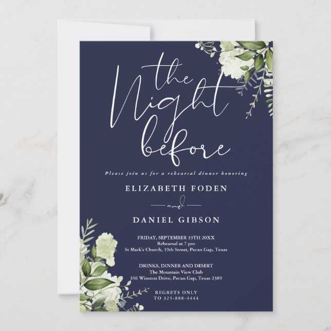 Greenery Floral Navy Blue Rehearsal Dinner Invitation (Front)