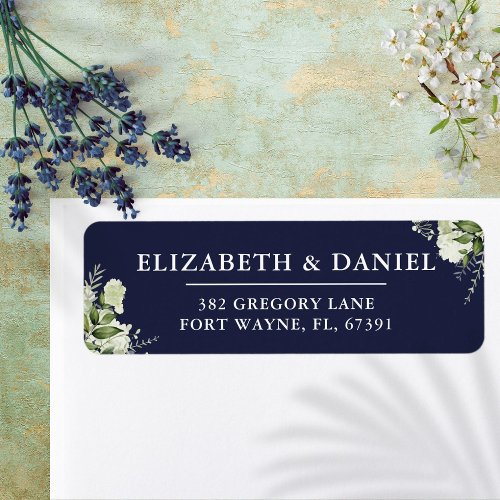 Greenery Floral Navy Blue Wedding Return Address Label