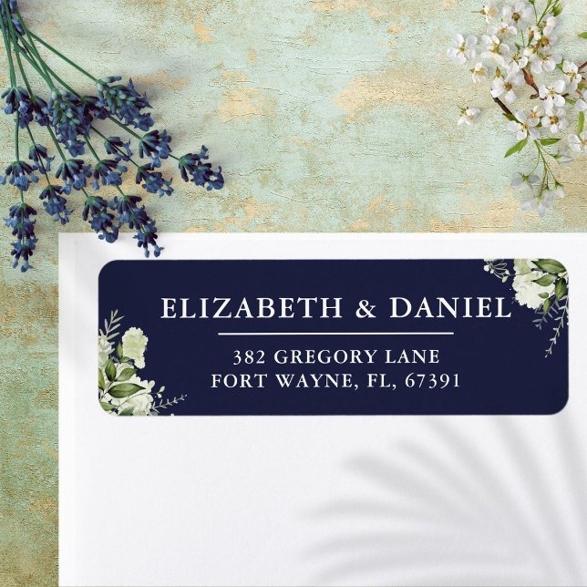 Greenery Floral Navy Blue Wedding Return Address Label (Greenery Floral Navy Blue Wedding Return Address Label)