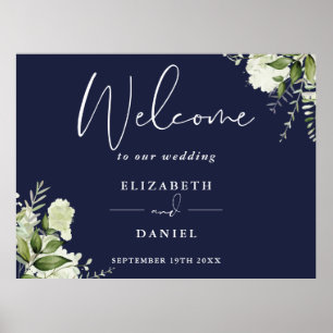 Greenery Floral Navy Blue Wedding Welcome Sign